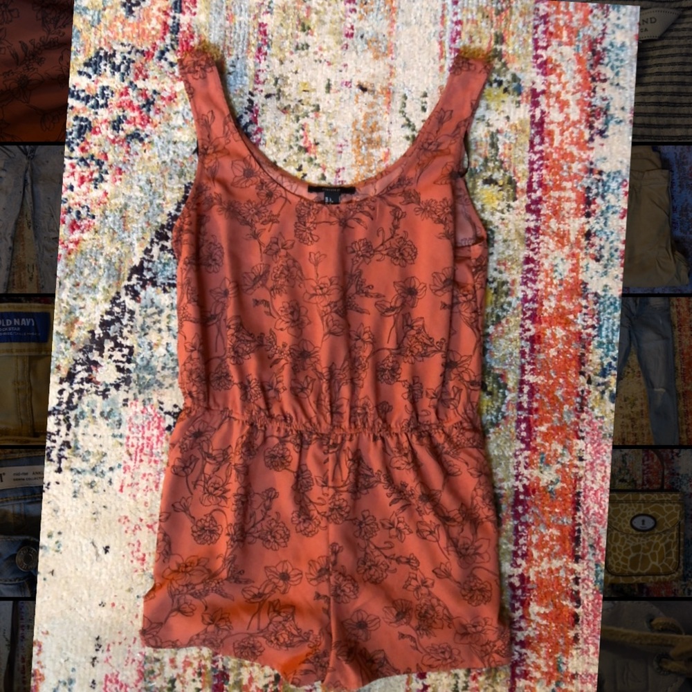 Forever 21 L burnt orange romper with black flowers